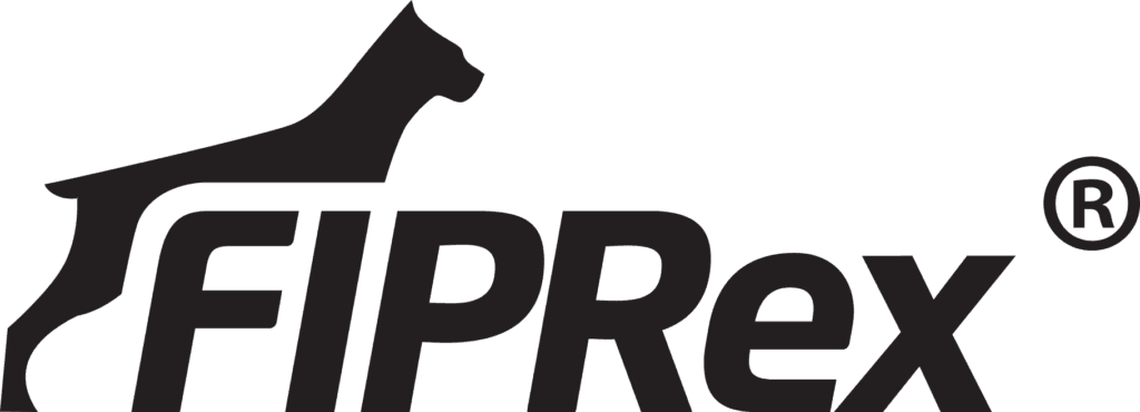 Grafika przedstawia logo marki FIPRex®, znanego producenta preparatów przeciwko pasożytom zewnętrznym dla psów i kotów. Litery „FIPRex” zapisane są pogrubioną, nowoczesną czcionką, a nad nimi umieszczono dynamiczną sylwetkę psa – symbol ochrony, czujności i skutecznego działania preparatów. Znak ® informuje o zarejestrowanym znaku towarowym. Prosty, kontrastowy design logo odzwierciedla profesjonalizm i zaufanie do produktów tej marki.