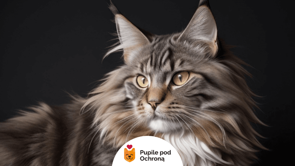 Studyjny portret kota Maine Coon na czarnym tle, uwydatniający gęstość jego sierści wymagającej regularnej pielęgnacji.