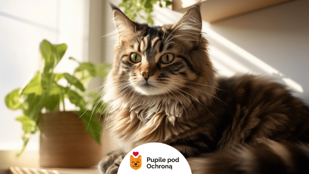 Brązowy pręgowany kot Maine Coon z zielonymi oczami siedzi przy oknie, prezentując swoją muskularną budowę ciała.