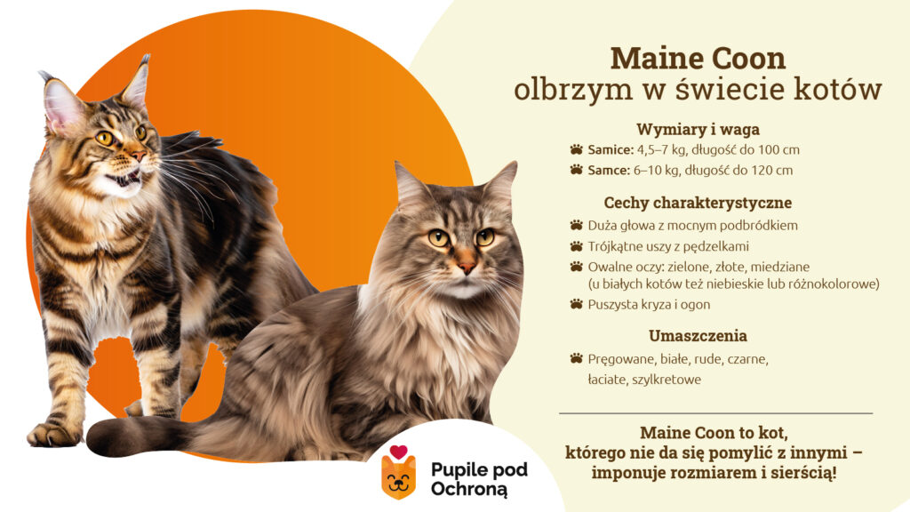 Maine Coon – waga, wygląd i umaszczenia w pigułce. Infografika przedstawiająca kluczowe cechy rasy Maine Coon: wymiary, wagę, cechy charakterystyczne i popularne umaszczenia.