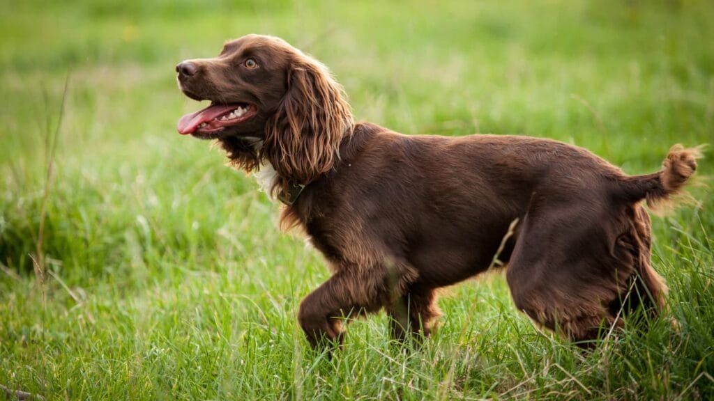 Brązowy field spaniel z długimi, falującymi uszami stoi na zielonej trawie, patrząc w lewo z otwartym pyskiem.