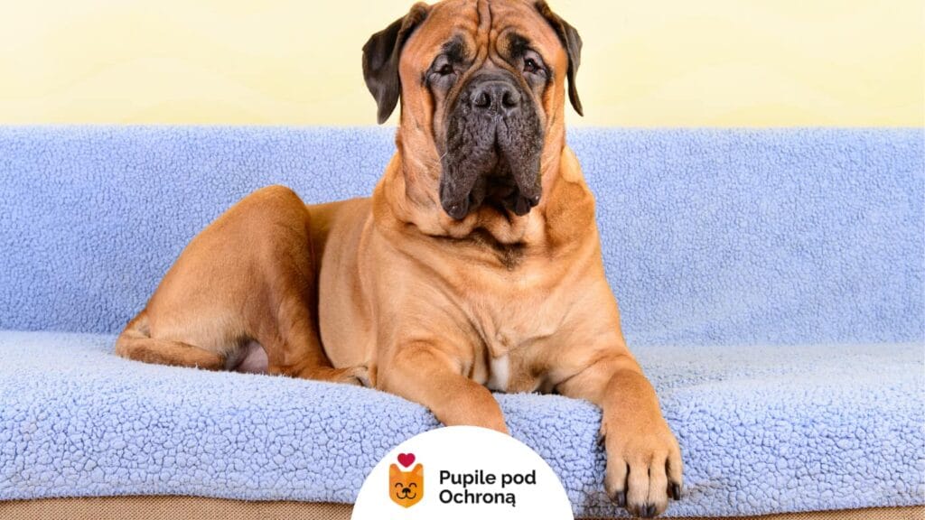Duży bullmastiff leżący spokojnie na niebieskiej sofie, z wyrazem powagi na pysku.