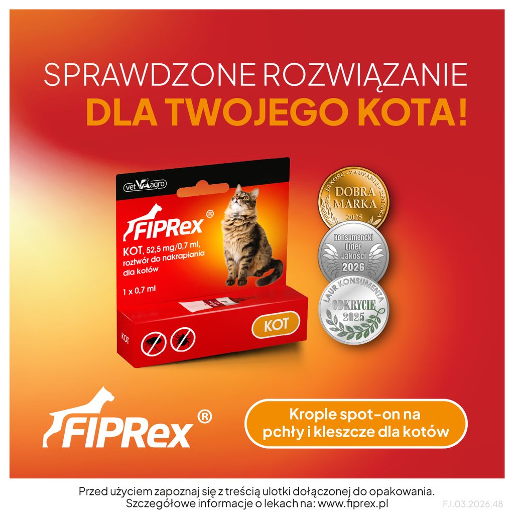 Czerwone opakowanie Fiprex – skuteczne krople na kleszcze dla kota chroniące przed pasożytami. Grafika przedstawia wielokrotnie nagradzane krople na kleszcze dla kota marki Fiprex, aplikowane metodą spot-on. Ten popularny preparat gwarantuje sprawdzoną ochronę czworonoga przed groźnymi pasożytami i zdobył uznanie wielu konsumentów.