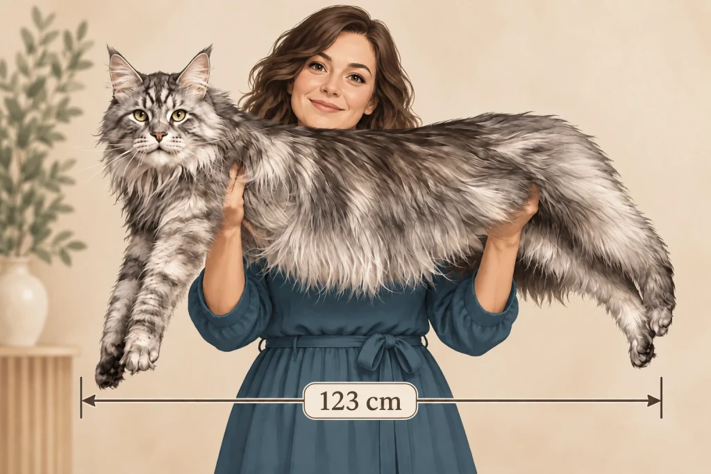 Ilustracja kobiety trzymającej w poziomie najdłuższego kota Maine Coon na świecie, z oznaczeniem długości 123 cm, ilustrująca rekord rasy.