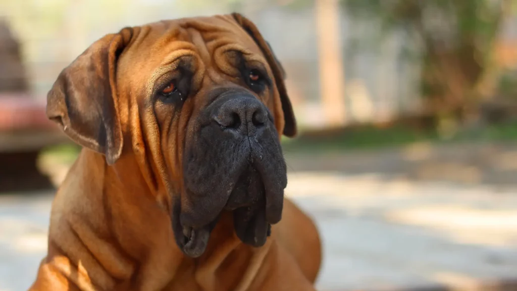 Pies rasy boerboel o płowym umaszczeniu z charakterystyczną czarną maską na szerokim pysku.